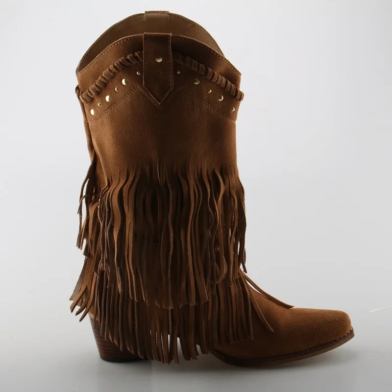 Gorąca Camel Suede skóry kobiet Slip On Fringe buty Pointy Toe w stylu kowbojskim damskie zachodnie buty wysokiej jakości Med obcas nit buty