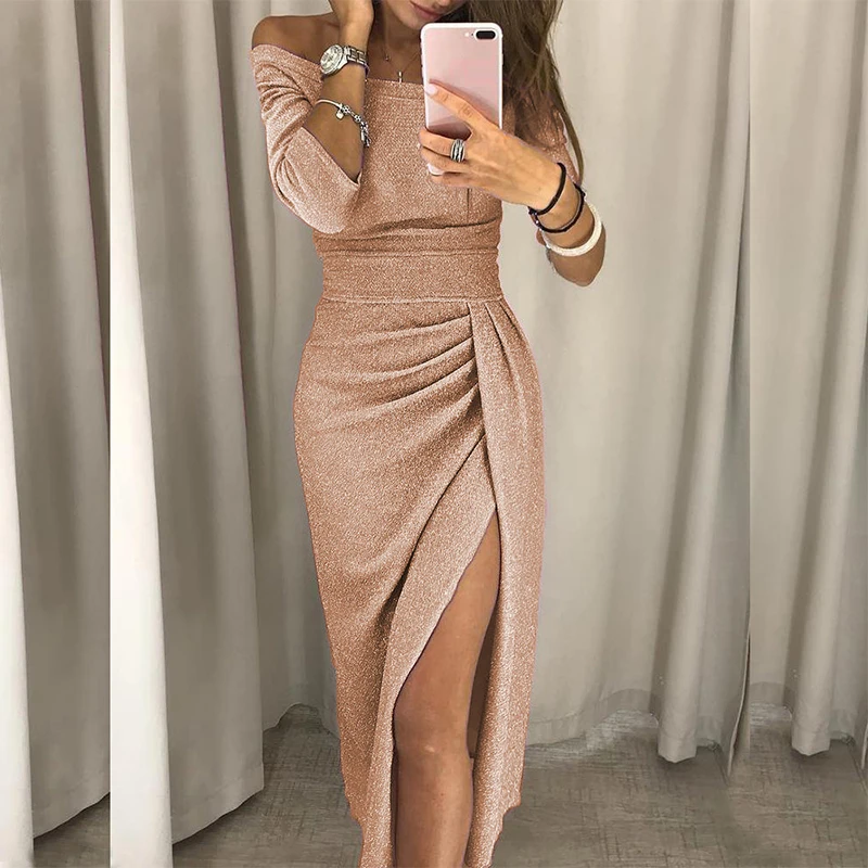 2021 New High Waist Vintage Bling Sexy Dresses Women Autumn Off Shoulder Bright Silk Shiny Party Dress Lady Split Bodycon Dress