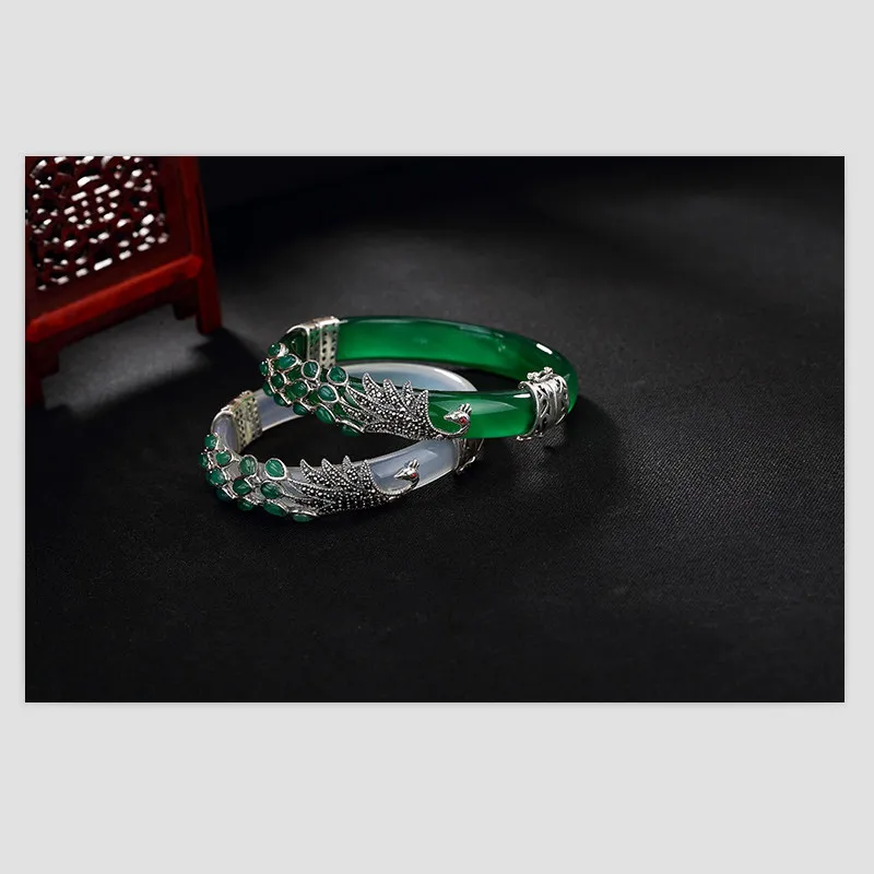 Uglyless Real 925 Sterling Silver Bangles for Women Thai Silver Animal Chalcedony Peacock Bangles Jade Creative Bracelet Jewelry