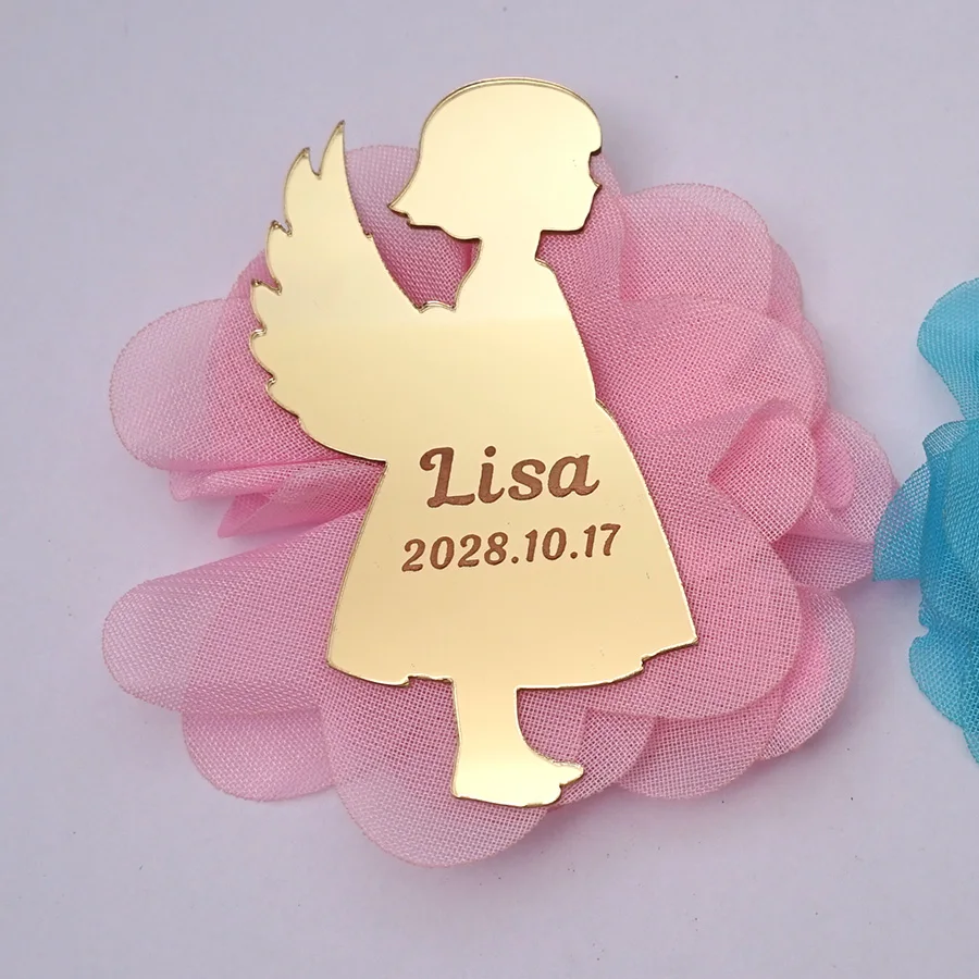 Custom Name Signs Small Mirror Angel Shape Baby Shower Party Cards Decor Laser Cut Acrylic Personalized Tags with Flowers