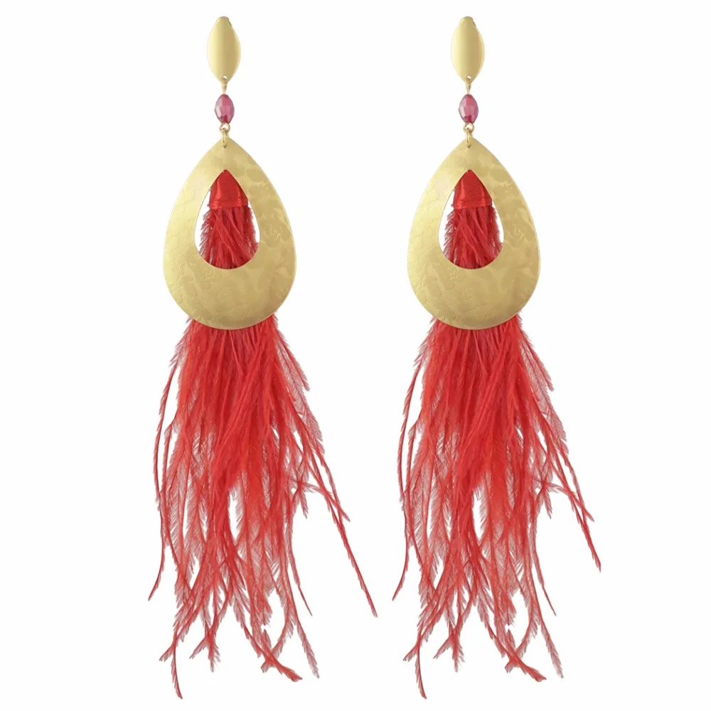 Korean Style Feather Earrings Gold Metal Long Earrings for Women White Red Blue Color Tassel New Cute Pendientes Largos Mujer