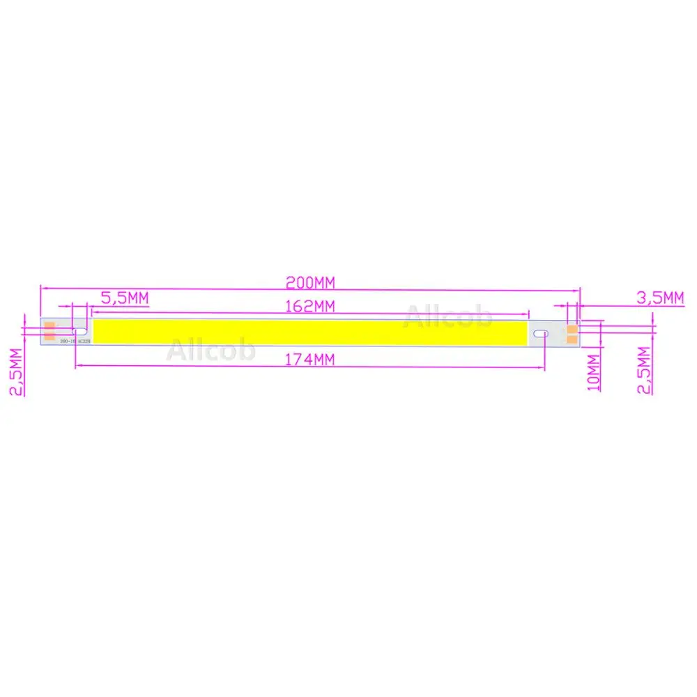 ALLCOB-LED COB Strip Bar para carro, fonte de luz, quente, natureza, branco, azul, vermelho, verde, amarelo, DIY, fonte de luz, 200x10mm, 12V, 10W