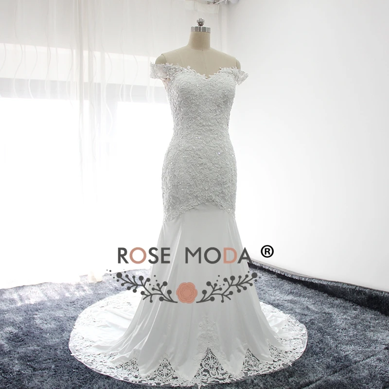 Rose Moda Off Shoulder Lace Mermaid Boho Wedding Dress with Cut Out Lace Hem Real Photos