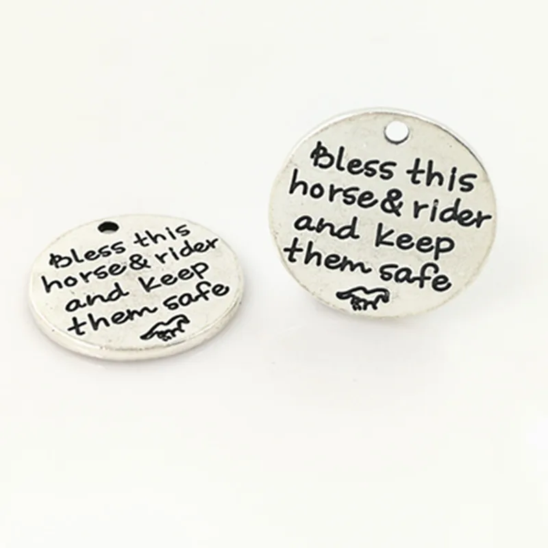 20 pcs/Lot 25mm Antique Silver colour letter printed bless this horse & rider charm round disc message charms