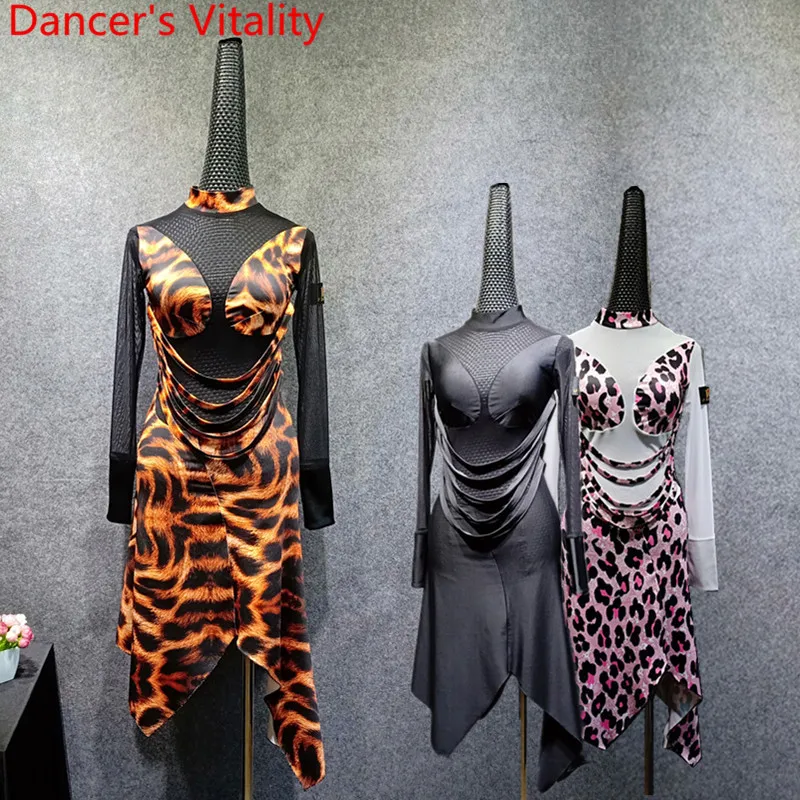 

New Spring Adult Latin Dance Practice Costume Sheer Long Sleeves Tassel Dress Rumba Samba Tango Cha Cha Salsa Dance Performance