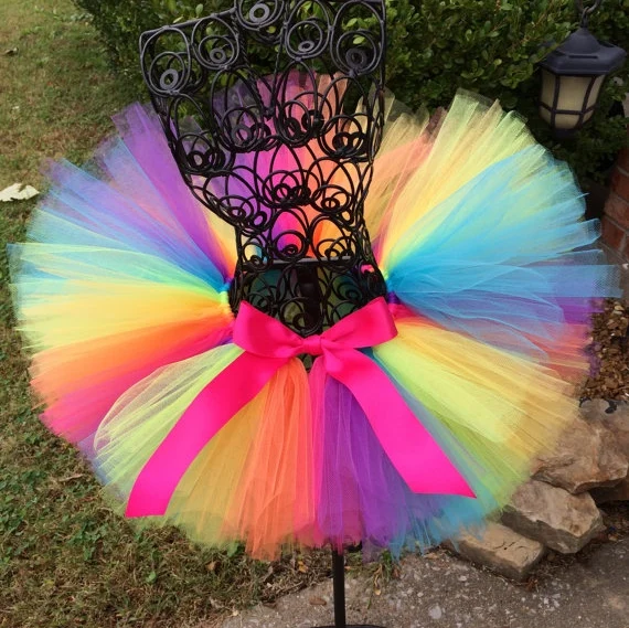 Rainbow Tutu Skirt Baby Girls Handmade Tulle Skirts Ballet Dance Pettiskirts Tutus with Pink Ribbon Bow Kids Party Costume Skirt