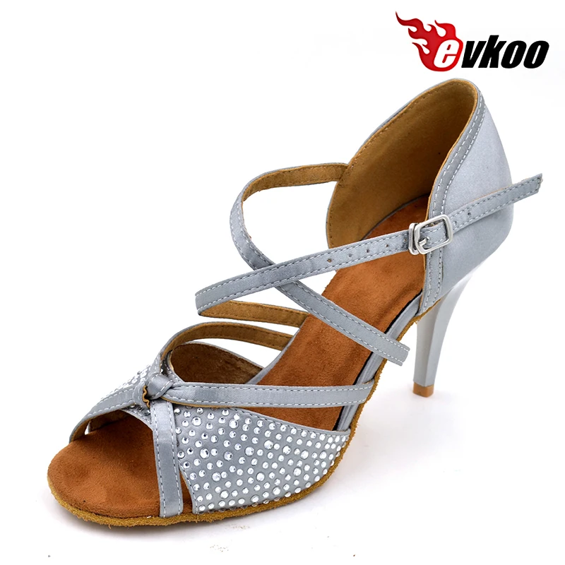 Customized 8.5cm High Heel Leather Sole Satin With Rhinestone Latin Dance Shoes Zapatos De Baile Professional Woman Evkoo-052