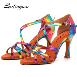 Ladingwu Fashion Latin Dance Shoes Rainbow Color PU Women Salsa Shoes Dance Sandals Unique Design Latex soft bottom Size 33-44