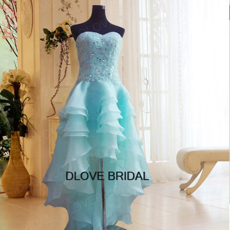 Luxury Mint Green Organza High Low Prom Dress Delicate Major Crystal Beadings Ruffles Layered Skirt Sweetheart Occassion Gown