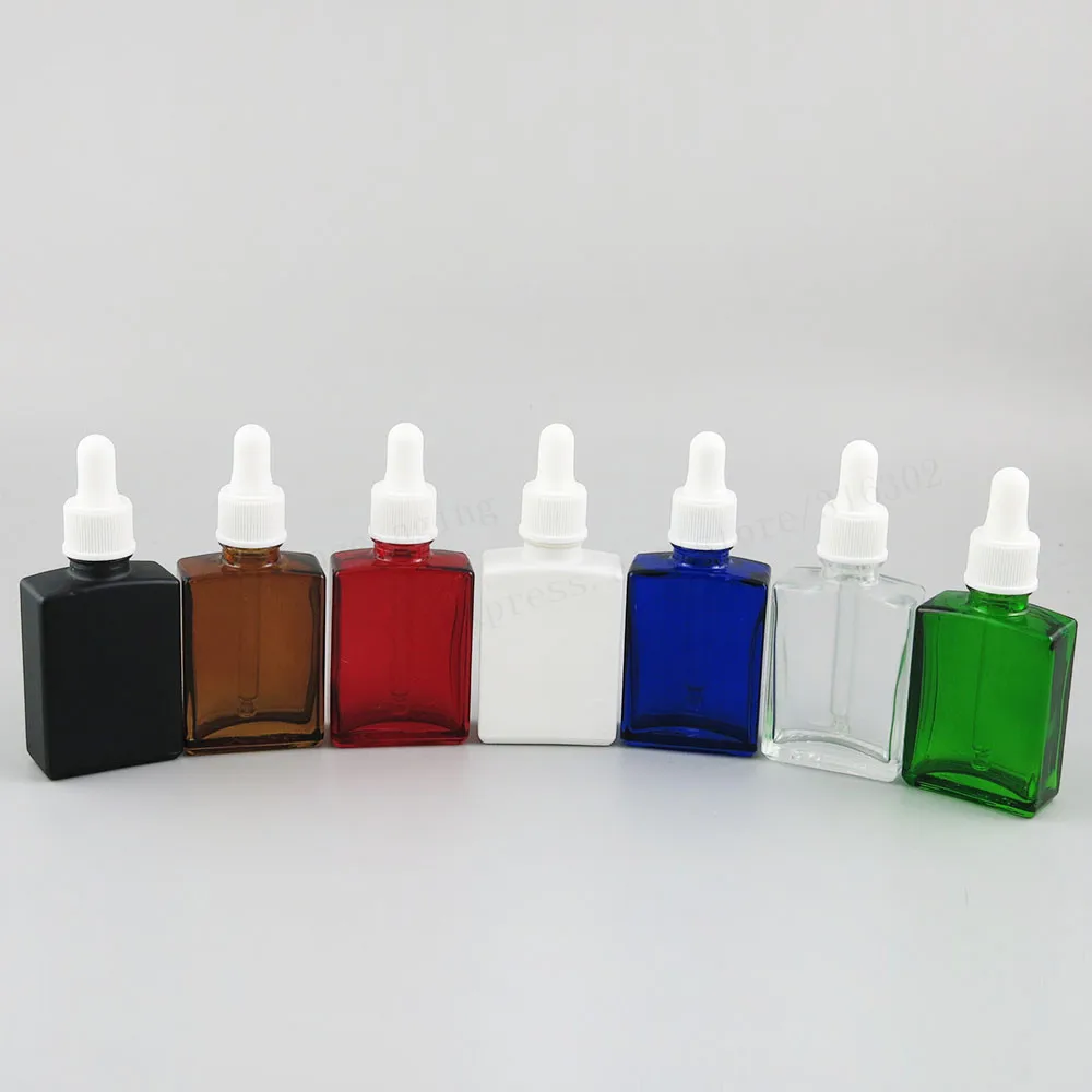 12 x 30ml Square Flat glass with black pipette dropper 1oz black white clear blue glass e liquid container30ml dropper bottle