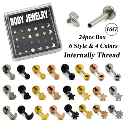 24pcs Top Mix Shaped 16G Labret Lip Ring Steel Monroe Stud Body Retainer Tragus Cartilage Earring Helix-Star Moon Heart Sun Ball