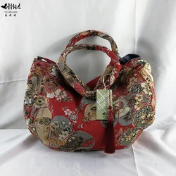 Bolso de hombro de estilo japonés para mujer, bolsos Hobos con flecos Vintage, bolsos de lona de algodón hechos a mano puros para mujer