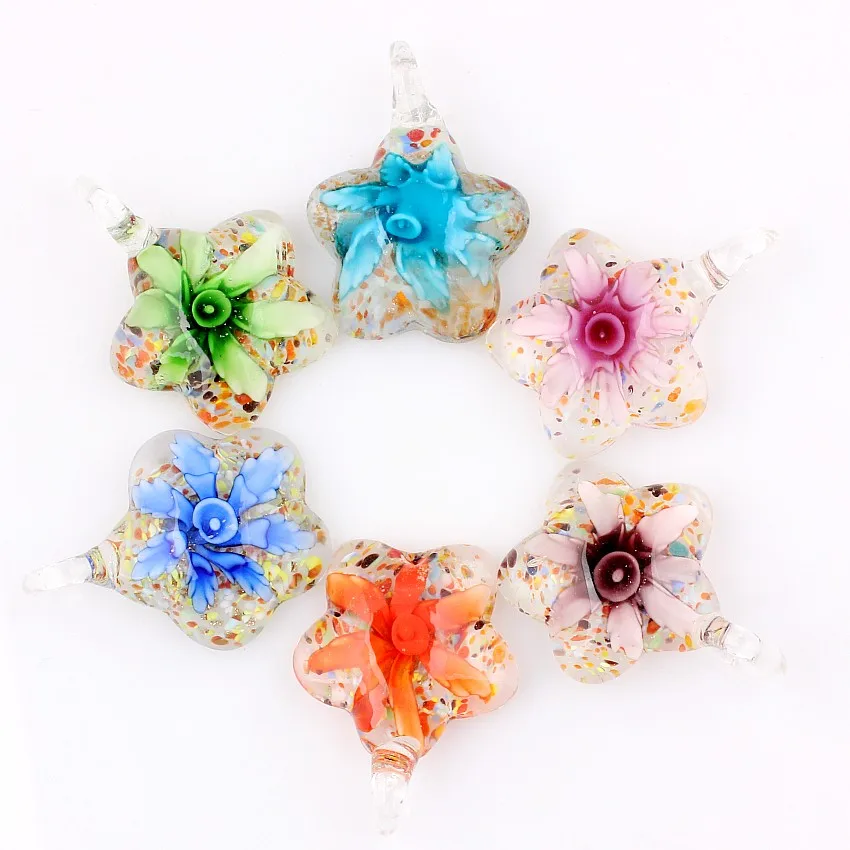 QianBei Fashion Wholesale 6pcs Handmade Murano Lampwork Glass Mix Color Flower Round Pendants Fit Necklace Women Jewelry Gifts