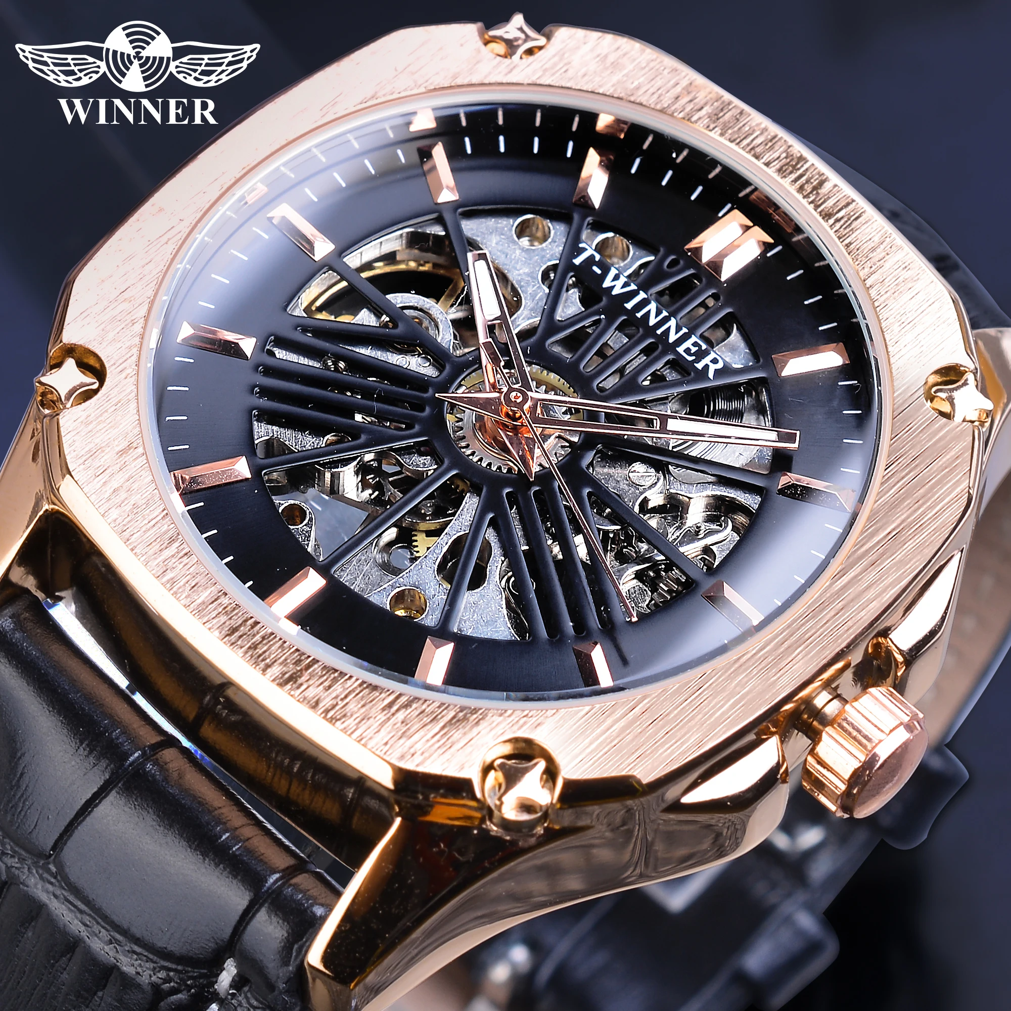 

Winner Top Brand Mens Automatic Watch Rose Golden Hollow Skeleton Leather Wrist Watches Male Business Mechanical Clock Dropship