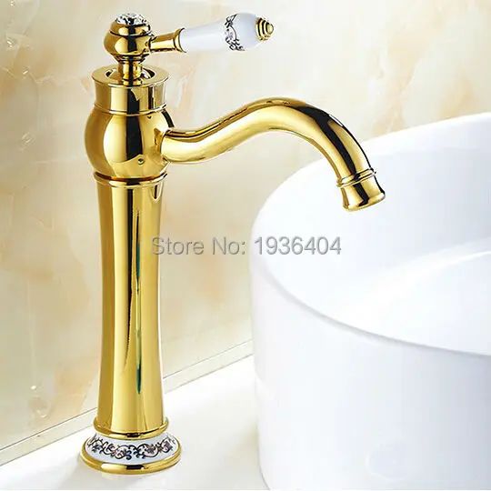 

Luxury Golden Finished Copper Hot and Cold with Diamond and Porcelain Deck Mounted Basin Mixer Taps G1087