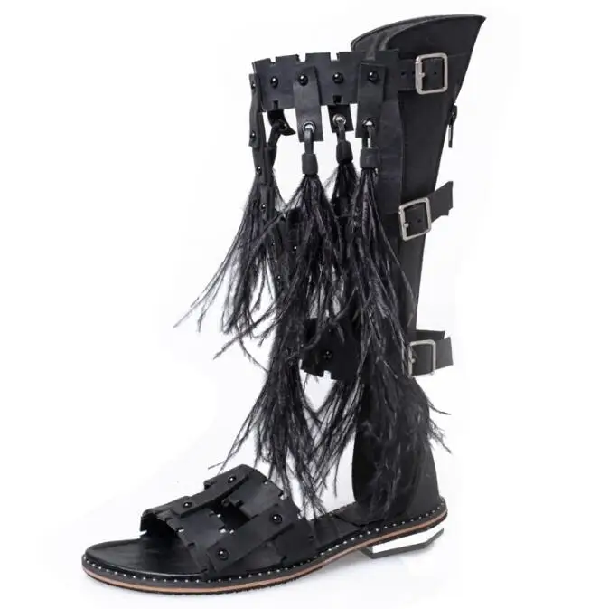 Summer New Fashion Bohemia Style Women Knee High Gladiator Sandals Open Toe Ladies Feather Decorate Flat Sandals Size 40