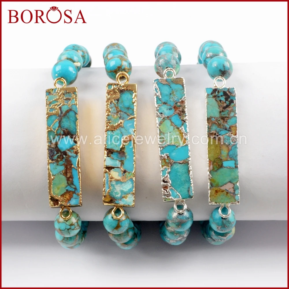 BOROSA 4PCS Gold Color Rectangle Copper Turquoises With 8mm Beads Bracelet Jewelry, Natural Blue Stone Women Bangle G1651 S1651