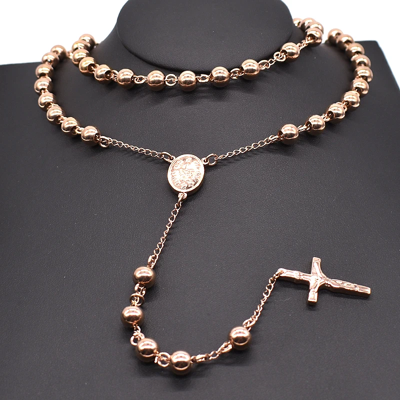 AMUMIU 8mm Classic Rosary Beads chain Cross Religious Catholic Stainless Steel Necklace Women\'s Men\'s Wholesale HZN080