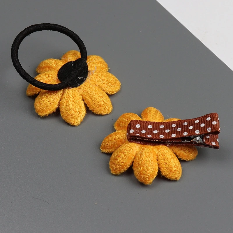 2pcs/set Lovely Girls Flower Hair Clips Handmade Elastic Hair Bands Set Children Kids Sweet Sunflower Headdress Hair Accessories