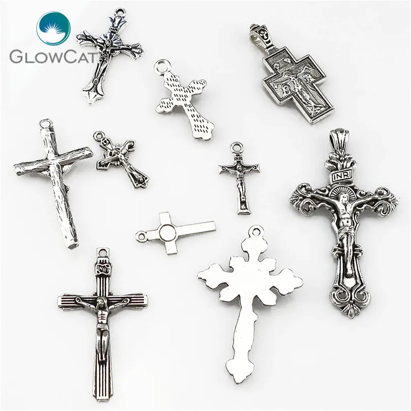 MIX 10pcs/lot Vintage Silver Color Zinc Alloy Jesus Cross Pendant Religious Faith Charm Frame Jewelry Finding Making 22397