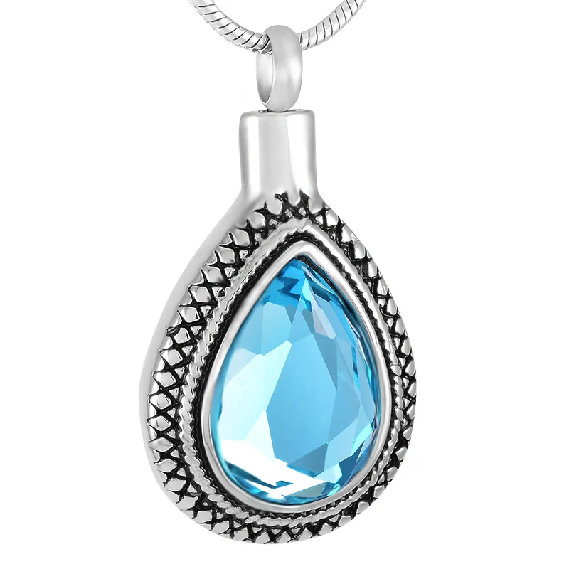 

IJD9314 Fashion Big Blue Crystal Teardrop Cremation Necklace Jewelry Keepsake Ashes Holder Memorial Pendant In Stainless Steel