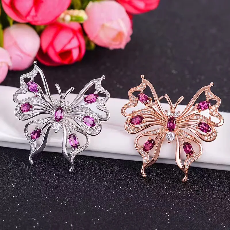 

Dual-use style, 925 silver natural garnet brooch, bow, gem quality, novel wearing