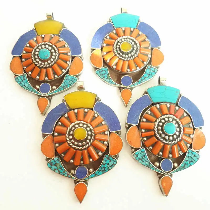 Genuine Tibetan Jewelry Copper Inlaid Colorful Stone Big Pendants TBP527