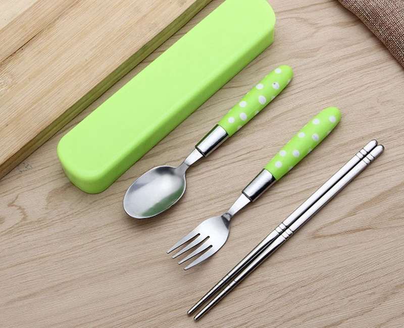 200sets/lot 3pcs/set Dot style Plastic + Stainless Steel Fork spoon chopsticks For Travel Picnic Portable Cutlery Tableware