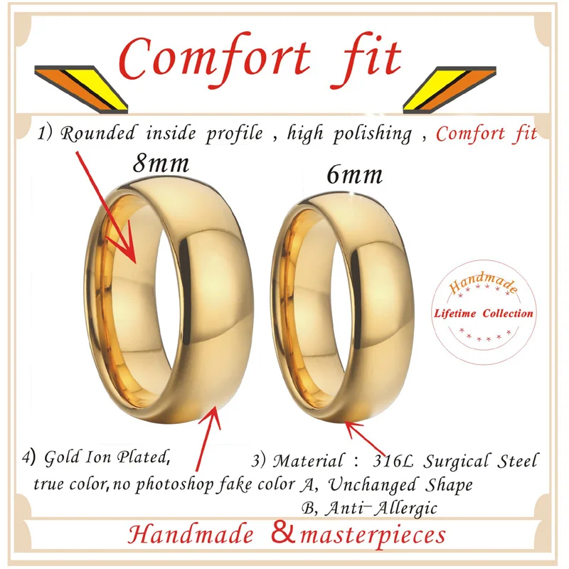 Gold Color Alliances 6/8mm Titanium Stainless steel Tungsten jewelry His and hers Wedding rings for couples men and women gift