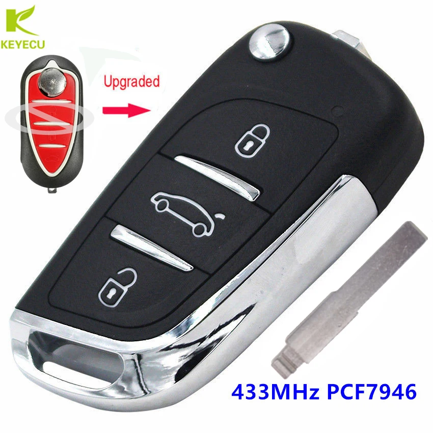 

KEYECU Upgraded Flip Remote Key 3 Button Fob 433MHz PCF7946 for Alfa Romeo Mito Giulietta Brera 159 147 156 166 GT