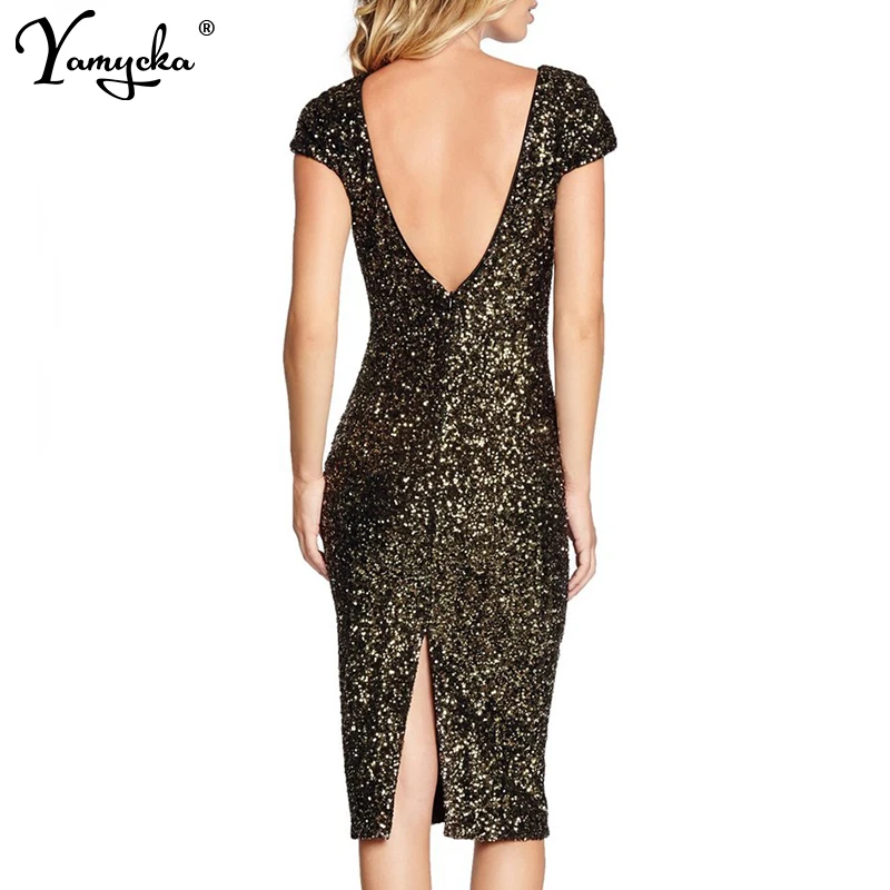 Sexy Black Gold Sequins Summer dress women Backless bodycon vintage dress elegant Night club Party Dresses vestidos robe femme