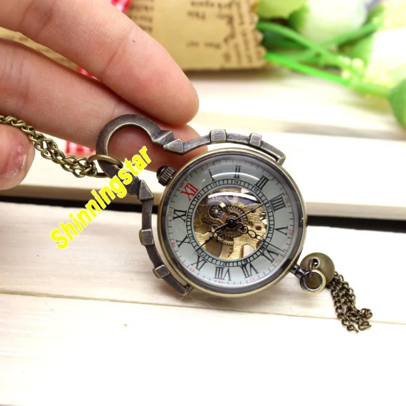Steampunk Mechanical Pocket Watch Vintage Bronze Fob Pocket Clock Glass Ball Roman Numeral Mini relogio de bolso mecanicas 2020