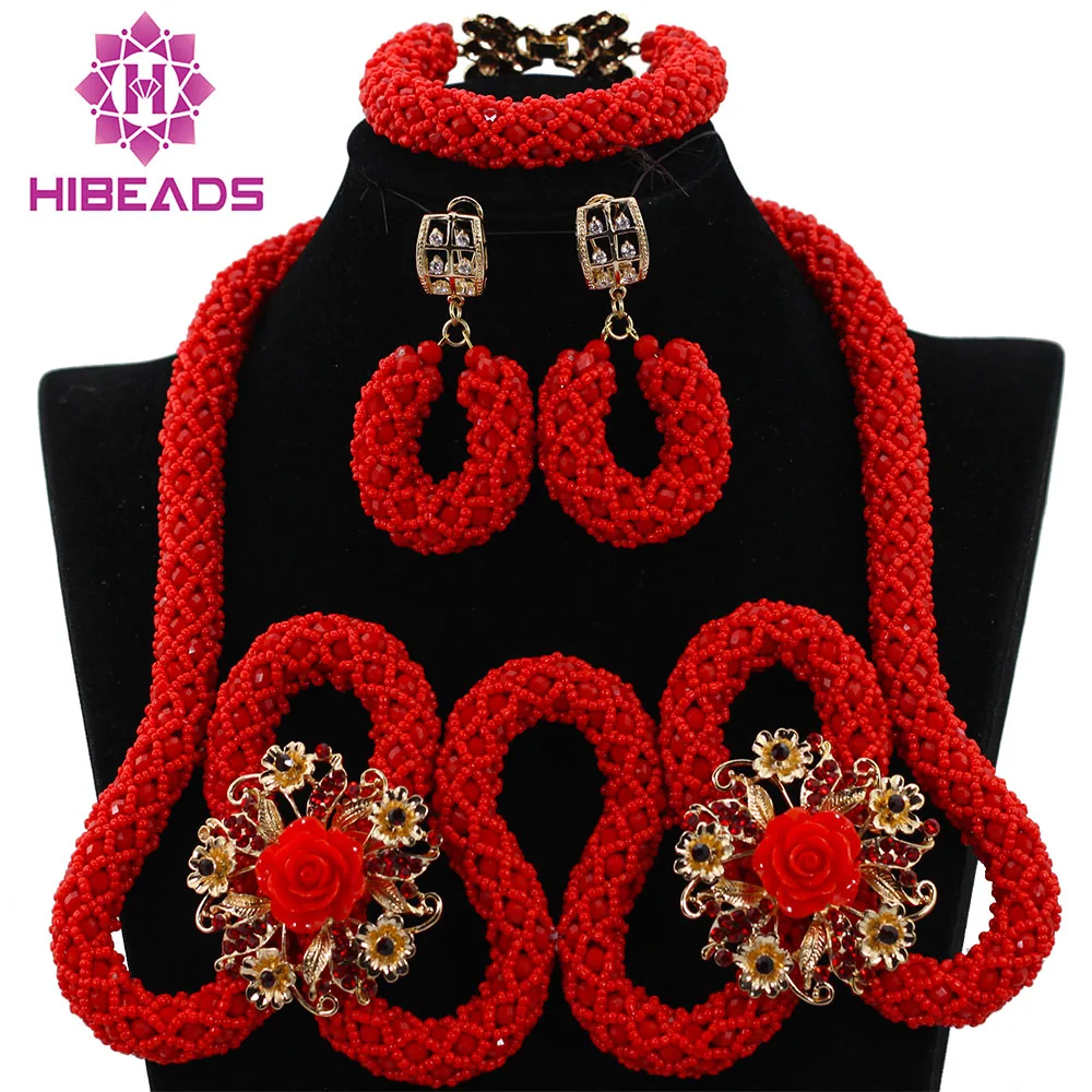 

Chunky Indian Wedding Beads Red Crystal Nigerian Fashion Statement Necklace for Women Bridal Jewelry Sets Free Shipping ABK911