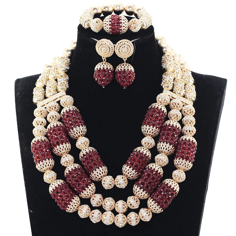 

2017 Fabulous Burgundy Wine Nigerian Wedding Crystal Jewelry Sets Women Costume Bride Gold Statement Necklace Set ABH563