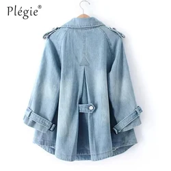 Plegie Denim peleryna kurtka damska dwurzędowy duże rozmiary kurtki harajuku kobiety wiatrówka A-Line Denim płaszcze typu Basic