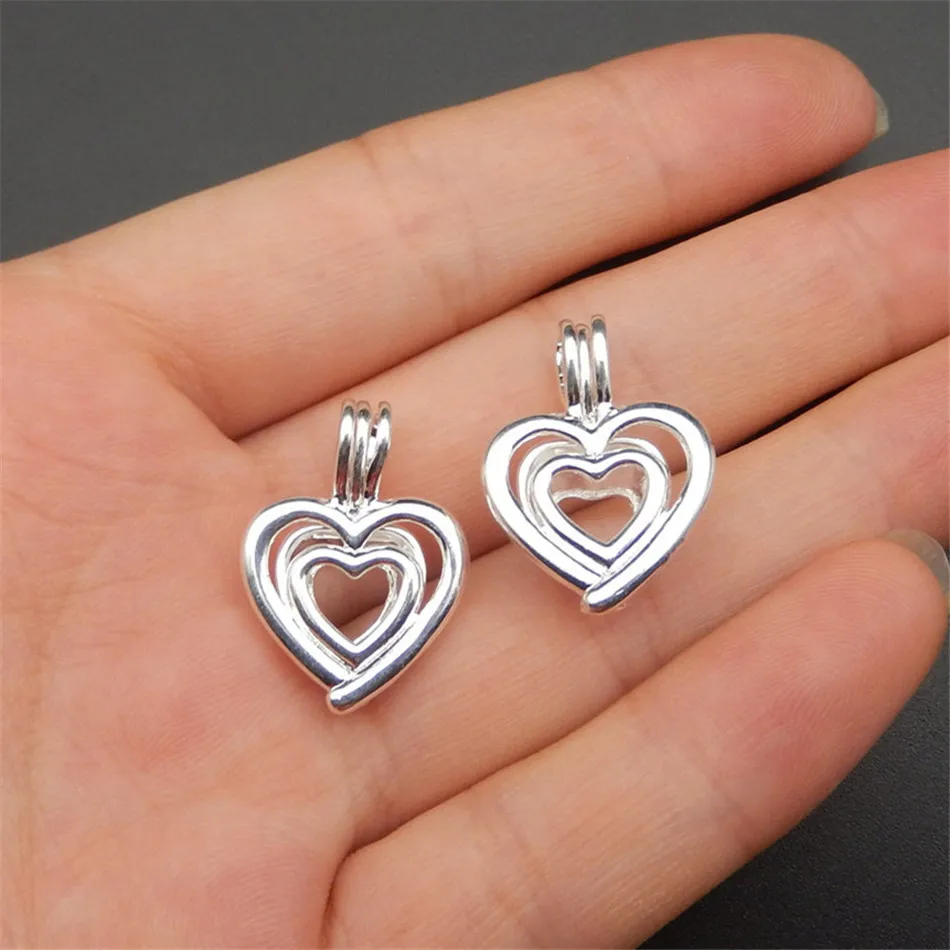 10pcs bright silver heart pearl cage necklace pendant, aroma oil diffuser adds your own pearl, stone makes it more attractive.