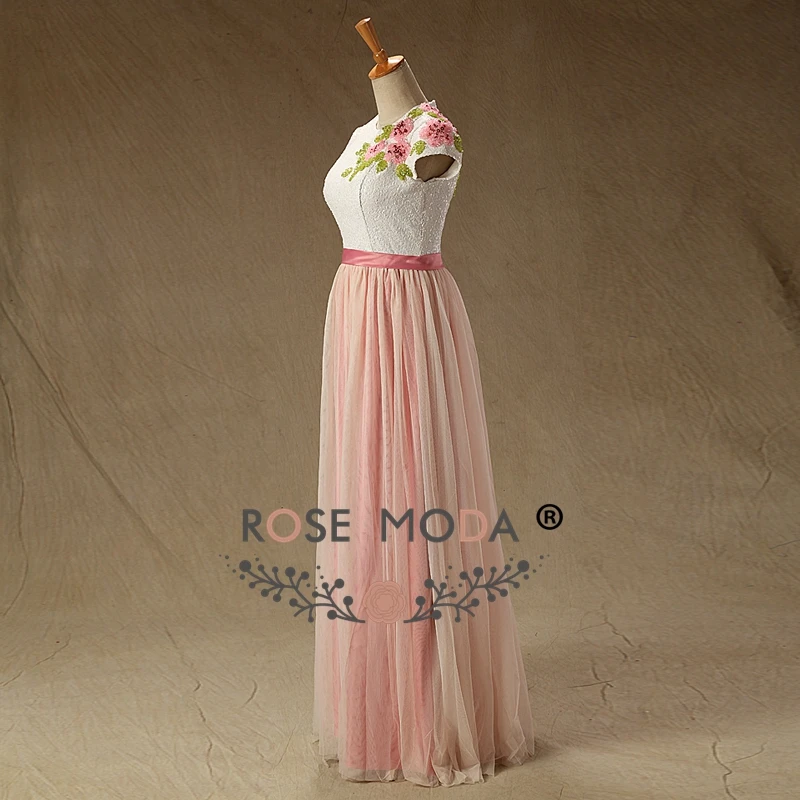 Rose Moda Bling Lantern Sleeves Pink Floor Length Prom Dresses Real Photos Custom Make