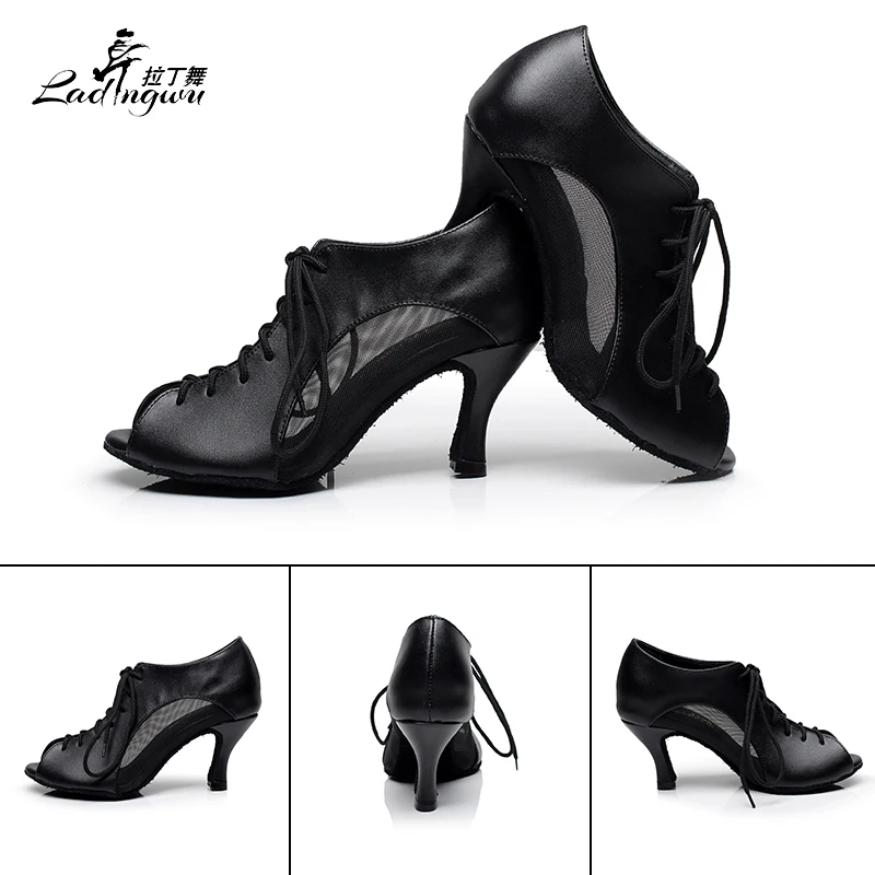 Zapatos negros para mujer, calzado de baile latino de Tango, piel sintética de microfibra, Colocación de malla, fondo suave, calzado de baile para