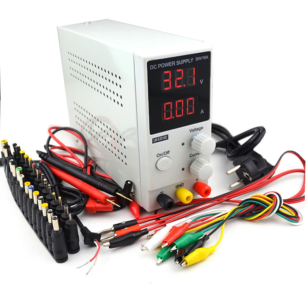 

LW-3010D Mini LED Digital Adjustable DC Power Supply ,0~30V 0~10A ,110V-220V, Switching Power Supply 0.1V/0.01A+DC Jack+Test pen