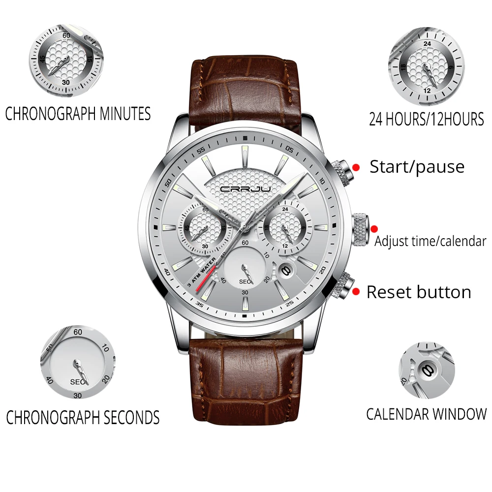 CRRJU-Reloj analógico con correa de cuero para hombre, accesorio de pulsera de cuarzo resistente al agua con cronógrafo, complemento deportivo