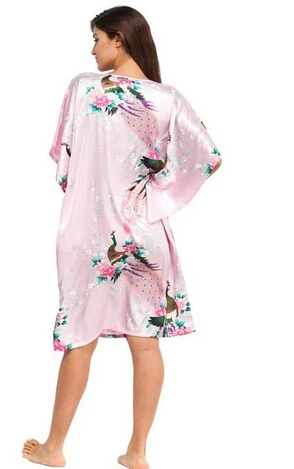 Brand New Pink Female Silk Rayon Robe Nightshirt Summer Bathrobe Gown Sleepwear Flower Home Dress Peacock Plus Size 6XL A-074