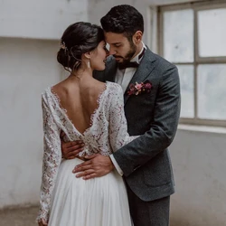 LORIE-Robe de Mariée Deux Pièces en Dentelle et Mousseline de Soie, Style Boho, Dos aux, Manches sulf, Ligne A, Personnalisée, pour la Plage
