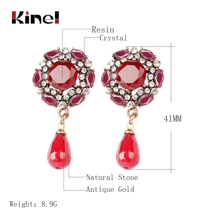 Kinel Brand Red Crystal Flower Drop Earrings For Women 2018 Vintage Natural Stone Earring Love Wedding Jewelry Party Gifts