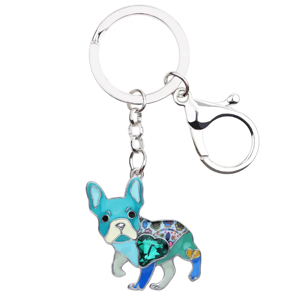 Bonsny Enamel Alloy Rhinestone French Bulldog Pug Dog Key Chains Keychain Animal Jewelry For Women Girls Bag Car Charms Gift Pet