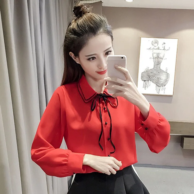 

Women Spring Autumn Style Office Work Blouses Shirts Lady Long Sleeve Turn-down Collar Bow Tie Blusas Tops DD2278