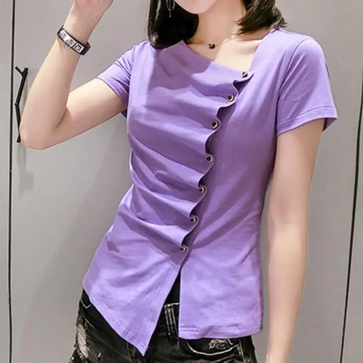 

T-shirt women short-sleeved 2021 summer new fashion slim irregular cotton top tees