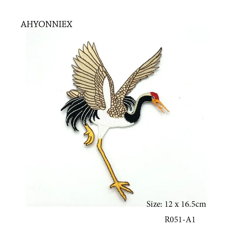 AHYONNIEX 1 Piece Crane Embroidery Repair Patches Bag Jacket Jeans Cartoon Iron On Patches for Clothes Fashion Glue Sticker