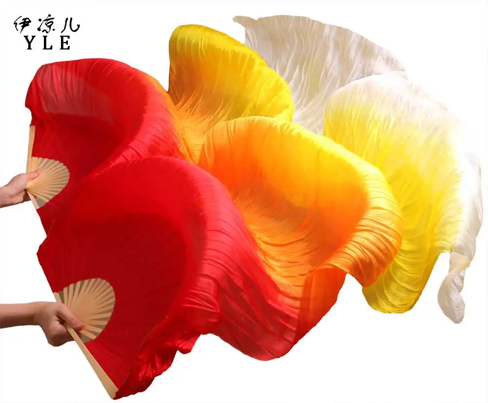 

100% Silk Bamboo Ribs Long Fans Handmade High Quality Silk Belly Dancing Fans Red+Orange+Yellow+White 180*90cm 1 Pair Left+Right