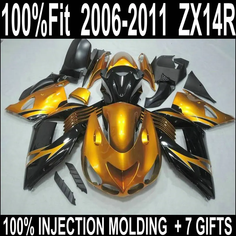 High quality parts for Kawasaki 06 07 08 09 10 11 ZX14R fairings Ninja 2006 - 2011 golden glossy flat black  ZX-14 fairing kit