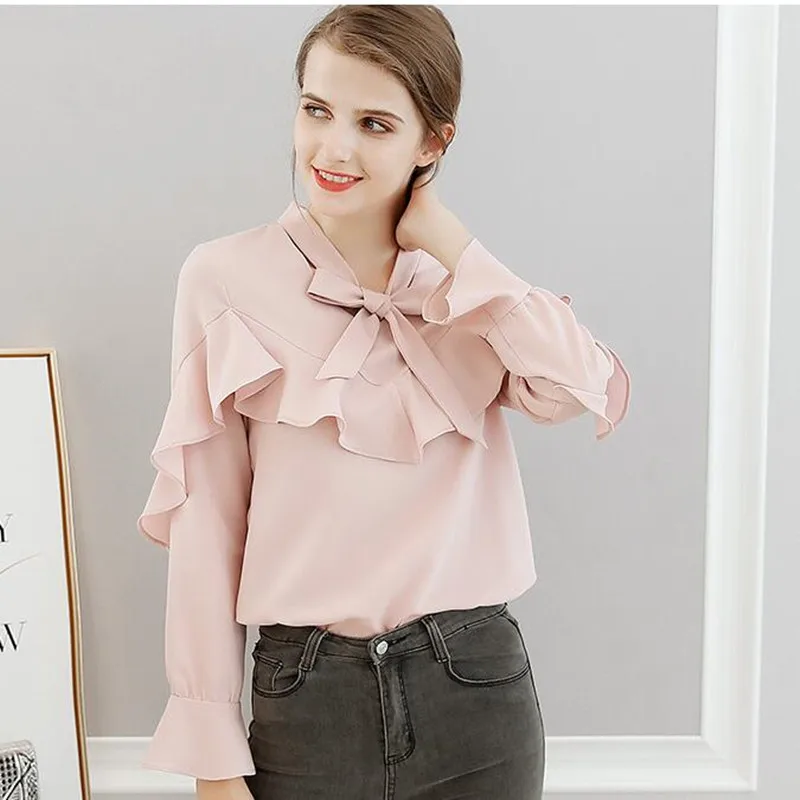 Camisa feminina chiffon de manga comprida, blusa com laço de cor pura elegante feminina para primavera e verão h9080